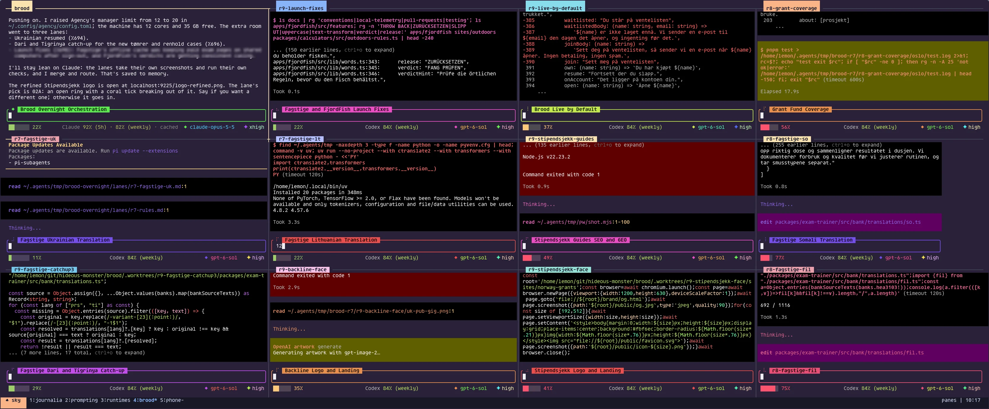 A tmux grid of a dozen agent panes, each with a task name and a model and usage bar